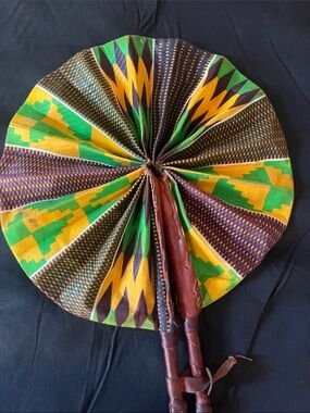 Colorful African Print Hand Fan - Green Yellow Purple
